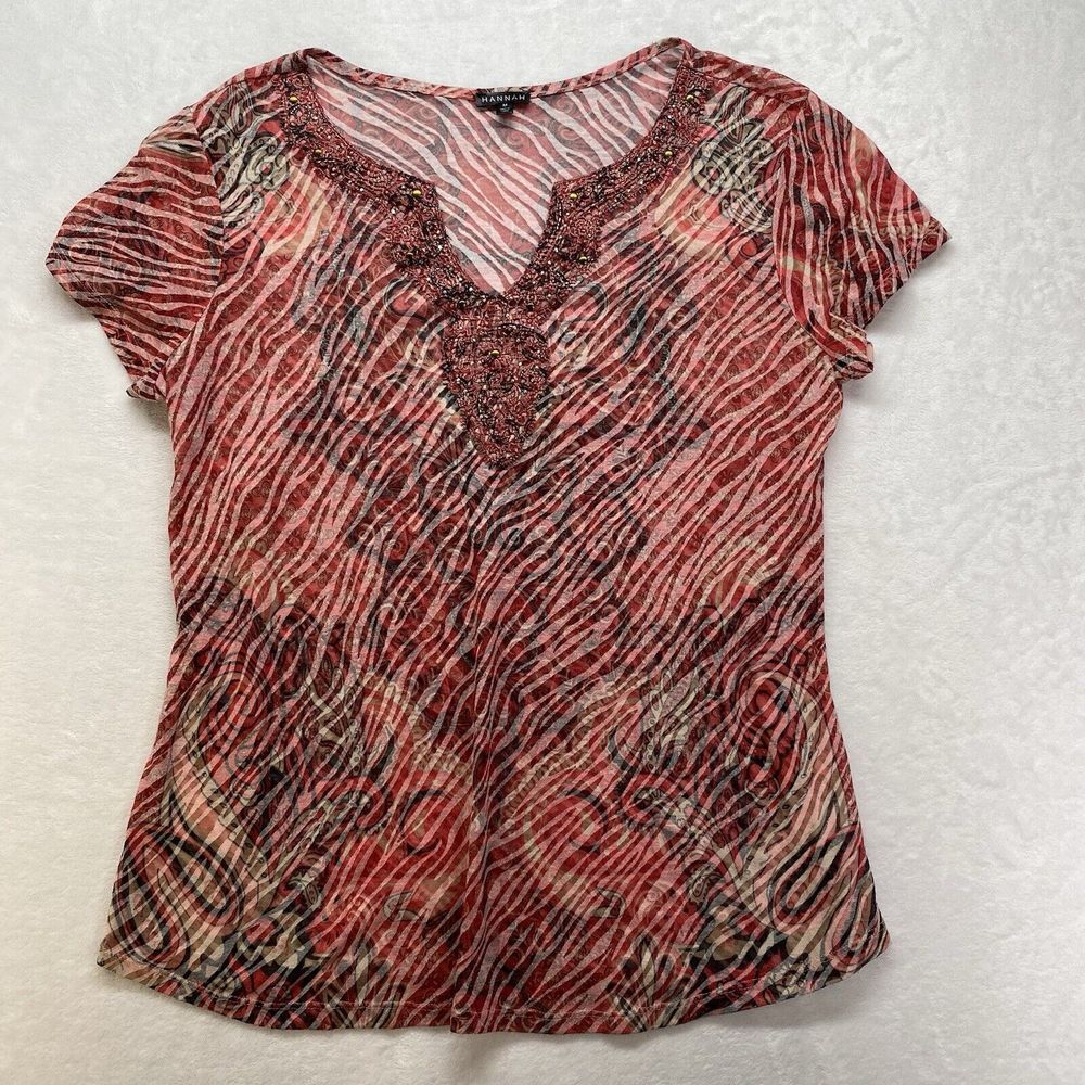 Hannah Womens Size M Mosaic Rhinestone Leightweight Knit T-shirt Sheer‎